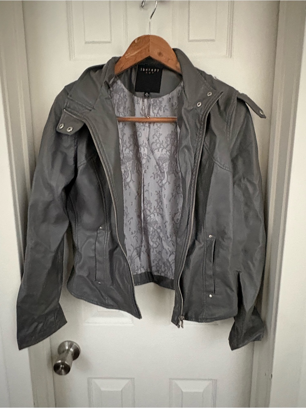Faux Leather Hooded Jacket - Gray